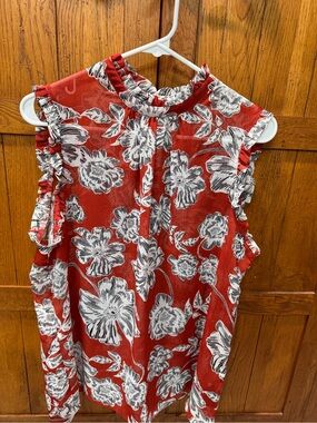 Who What Wear Red Floral Ruffle Mock-Neck Shell